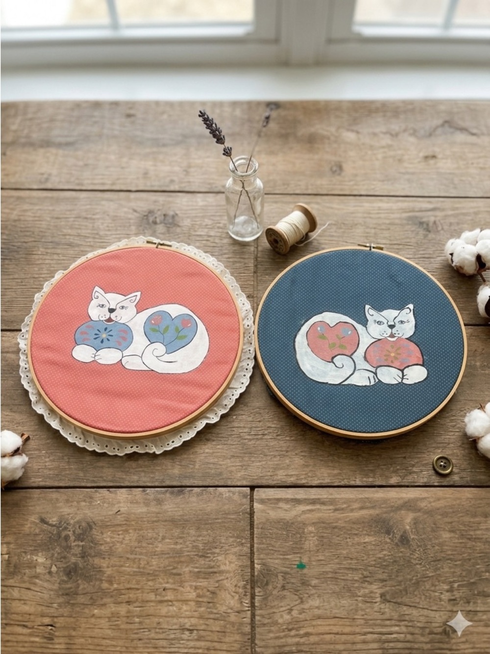 Set of 2 Hand Painted Car Embroidery Hoops-Vintage-Folf Art & Eyelet Lace Trim